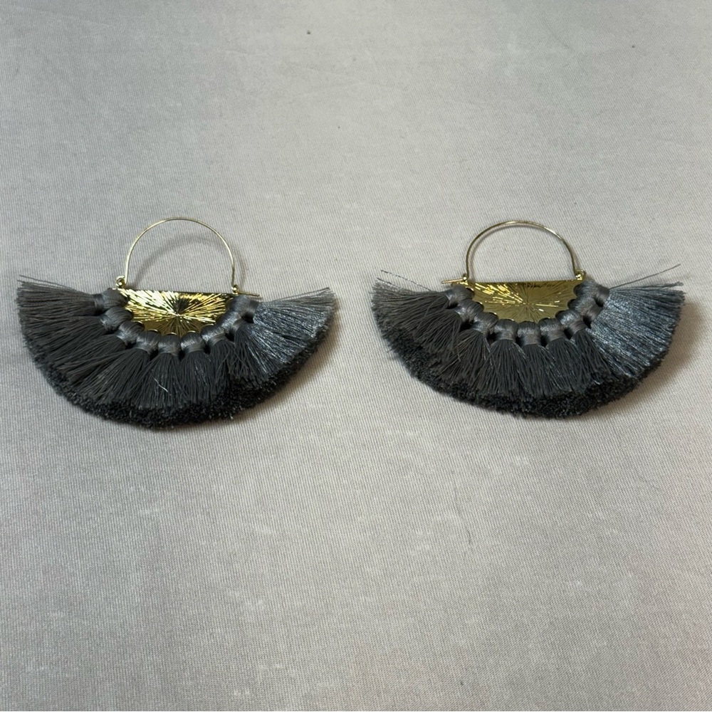 Gray Fan Tassel Hoop Earrings with Gold Accent
